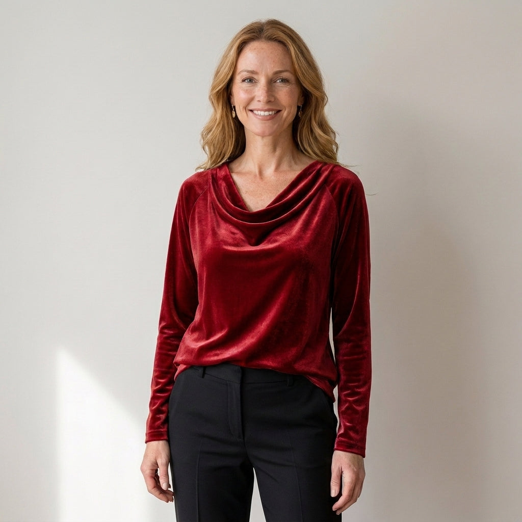 Women's Velvet Cowl Neck Top, Long Sleeve – Gold