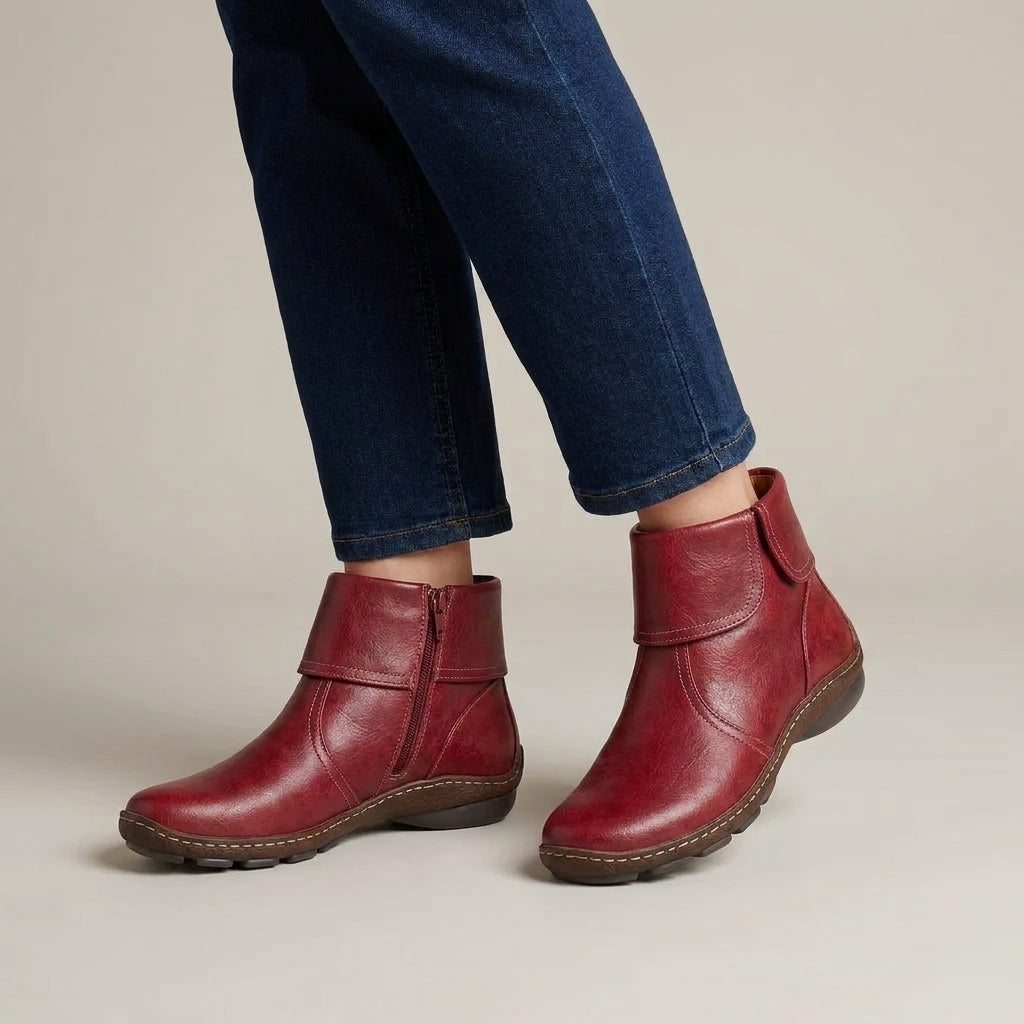 Women's Flat Zip Ankle Boots, Warm Lined – Red