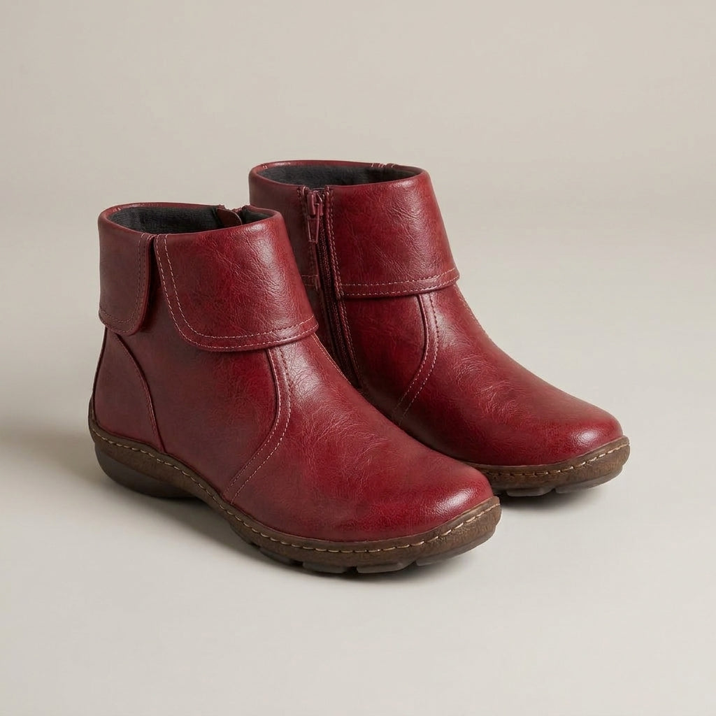 Women's Flat Zip Ankle Boots, Warm Lined – Red