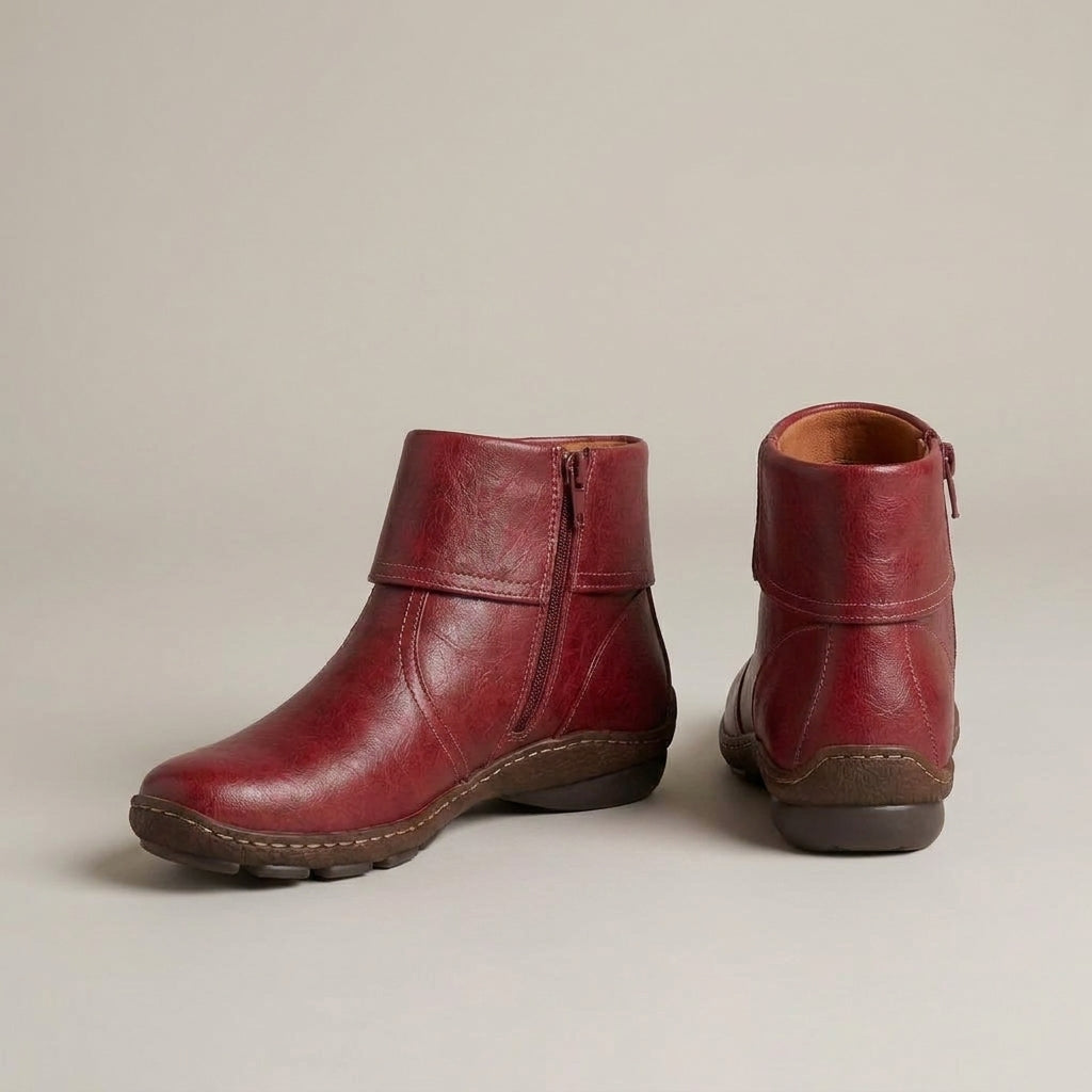 Women's Flat Zip Ankle Boots, Warm Lined – Red