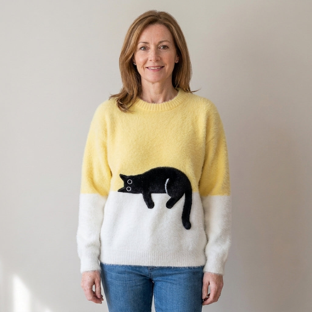 Women's Black Cat Fluffy Jumper – Colour Block Soft Knit Crew Neck Sweater – Orange & Cream