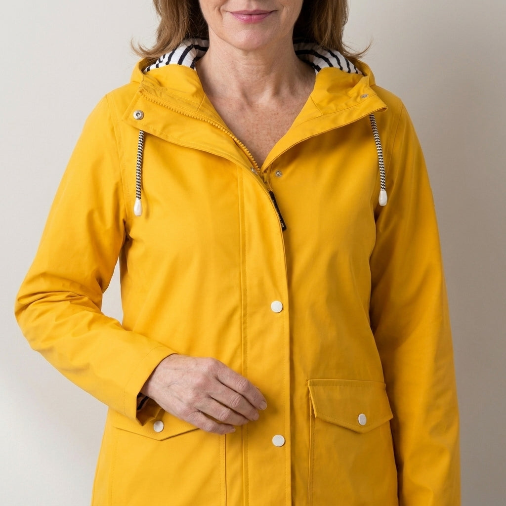 Women's Hooded Rain Jacket – Windproof & Waterproof Raincoat with Striped Lined Hood & Snap Pockets