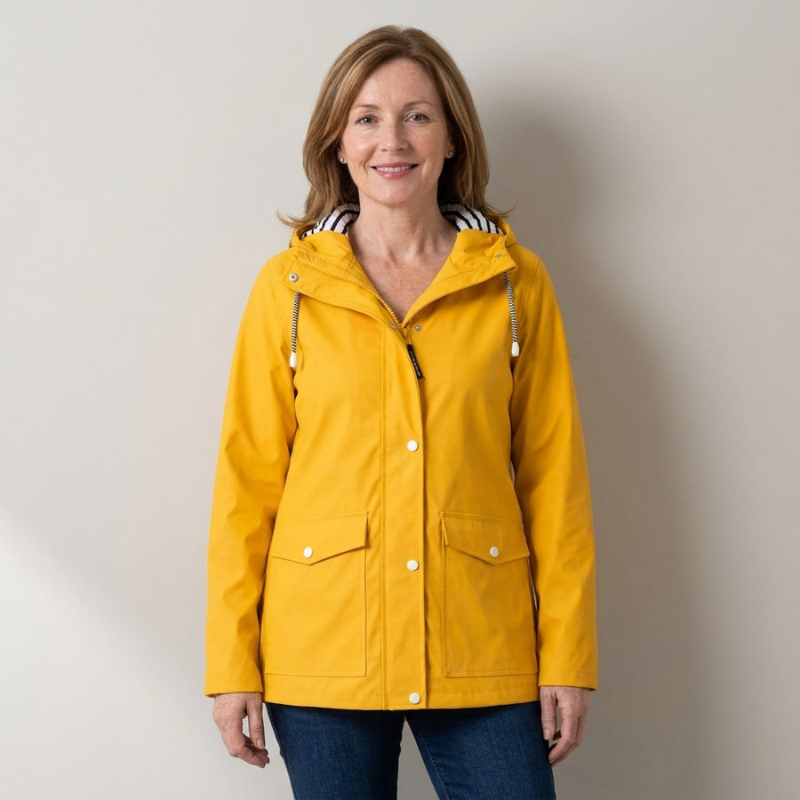 Women's Hooded Rain Jacket – Windproof & Waterproof Raincoat with Striped Lined Hood & Snap Pockets