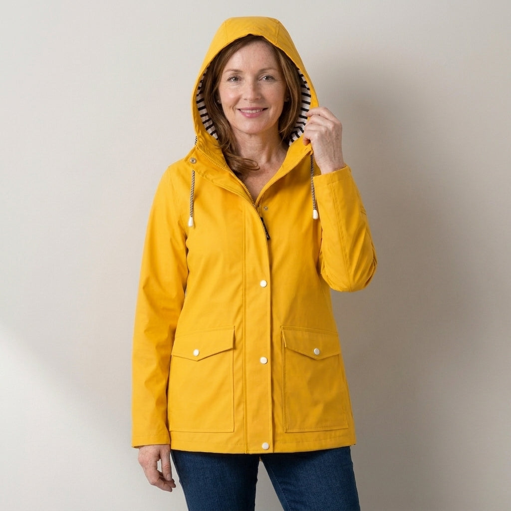 Women's Hooded Rain Jacket – Windproof & Waterproof Raincoat with Striped Lined Hood & Snap Pockets