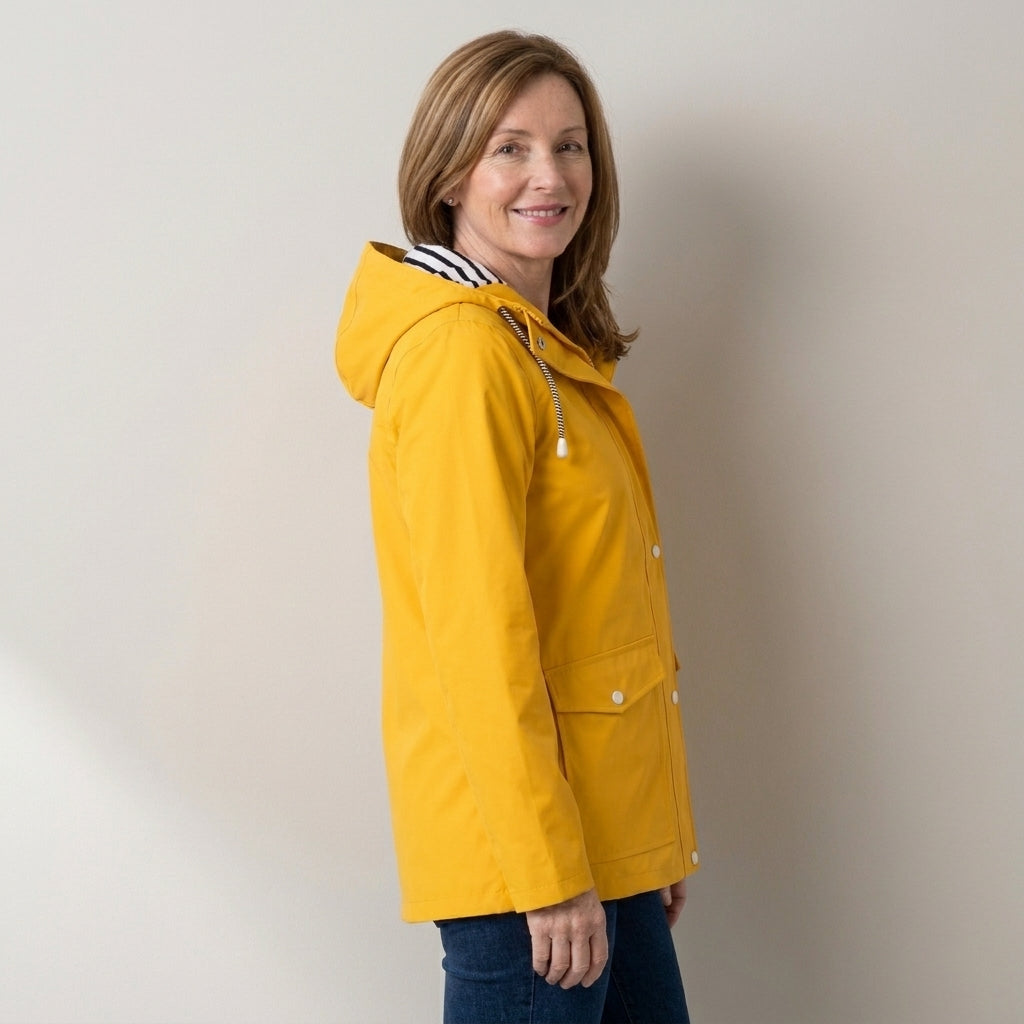 Women's Hooded Rain Jacket – Windproof & Waterproof Raincoat with Striped Lined Hood & Snap Pockets