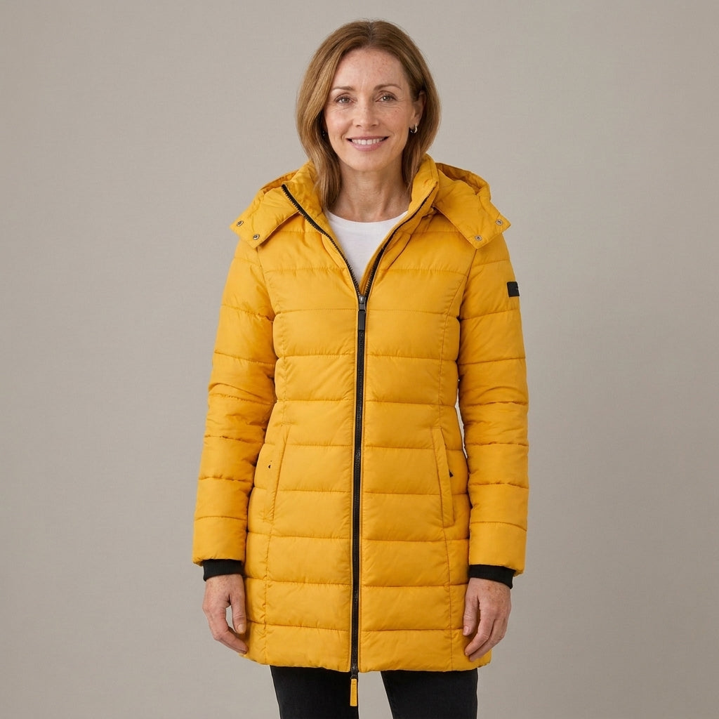 Women's Longline Quilted Puffer Coat with Detachable Hood – Fitted Padded Winter Jacket – Navy